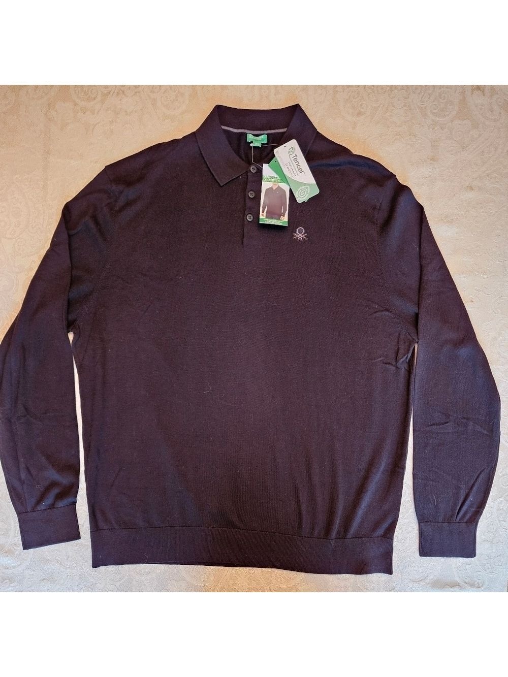 Size XXL United Colors of Benetton Long Sleeve Knit Polo Men's Black Sweater NWT